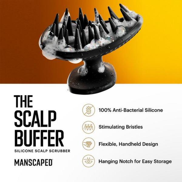 A clean, high-contrast 1:1 square graphic showcasing a Scalp Buffer with sudsy foam, paired with four distinct, icon-backed feature benefits.