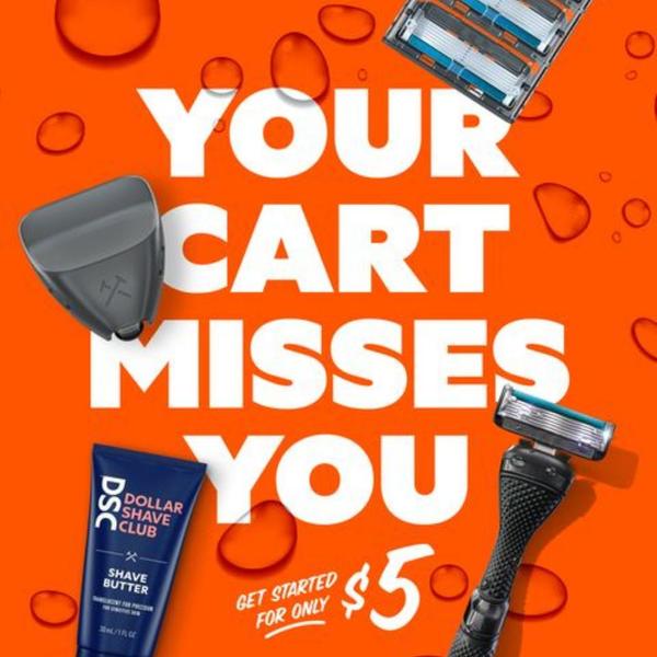 A high-contrast, orange-background ad featuring shaving products arranged to pull the viewer back to their abandoned cart with a $5 offer.