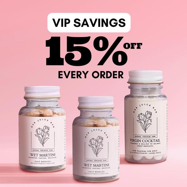A clean, minimalist 1:1 ad creative highlighting a 15% discount for a feminine care product line featuring three bottles of suppositories.