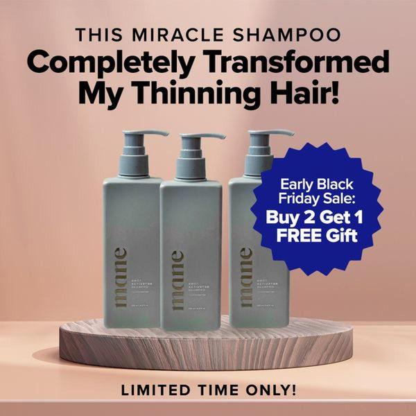 A square ad creative featuring three bottles of shampoo on a pedestal, emphasizing a transformation claim and a limited-time Black Friday sale.