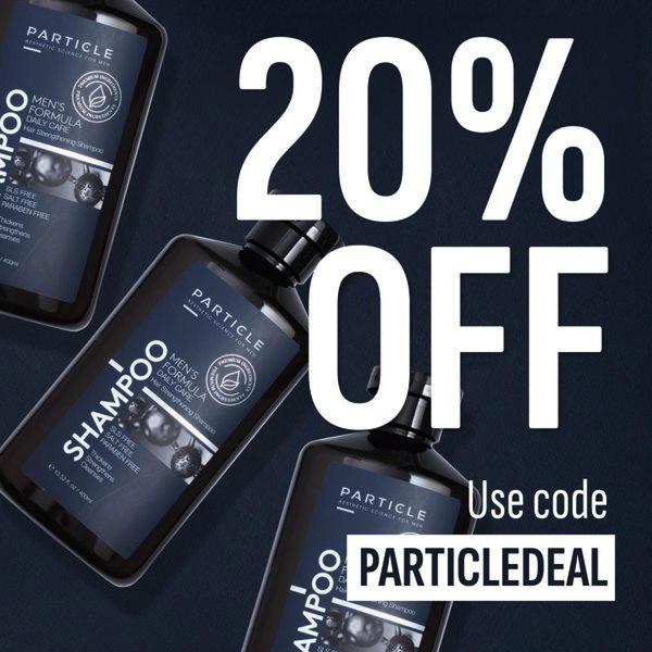 A square ad creative featuring three bottles of hair strengthening shampoo on a dark blue background with bold text promoting a 20% discount and a promo code.