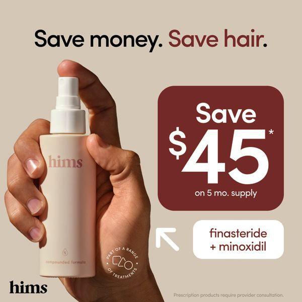 A clear, minimalist ad for hair loss treatment using bold typography and direct financial incentives to drive engagement.