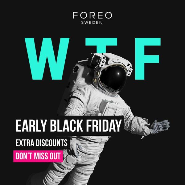 A high-contrast, black-background creative featuring an astronaut to signal a breakthrough or 'out of this world' sale event for a beauty device.