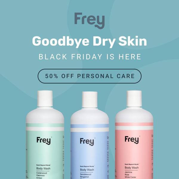 A clean, minimalist 1:1 square ad showcasing three body wash scents with a bold Black Friday 50% off discount announcement.
