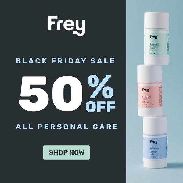 A square-format static ad showing a vertical stack of three deodorant sticks against a split dark grey and light blue background, clearly highlighting a major discount.