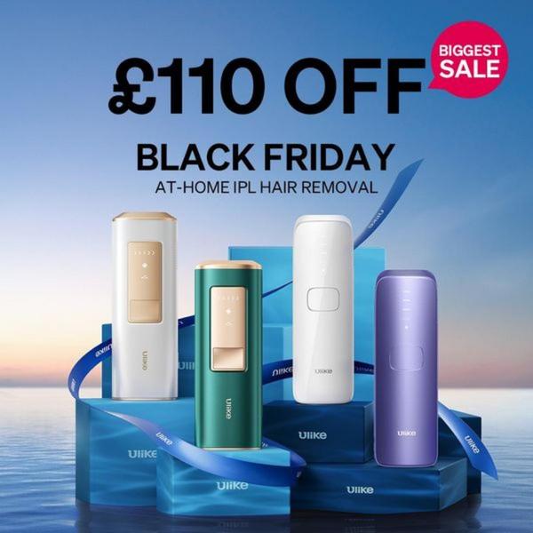 A high-contrast promotional graphic featuring a collection of IPL hair removal devices arranged with seasonal sale messaging and a gradient ocean backdrop.