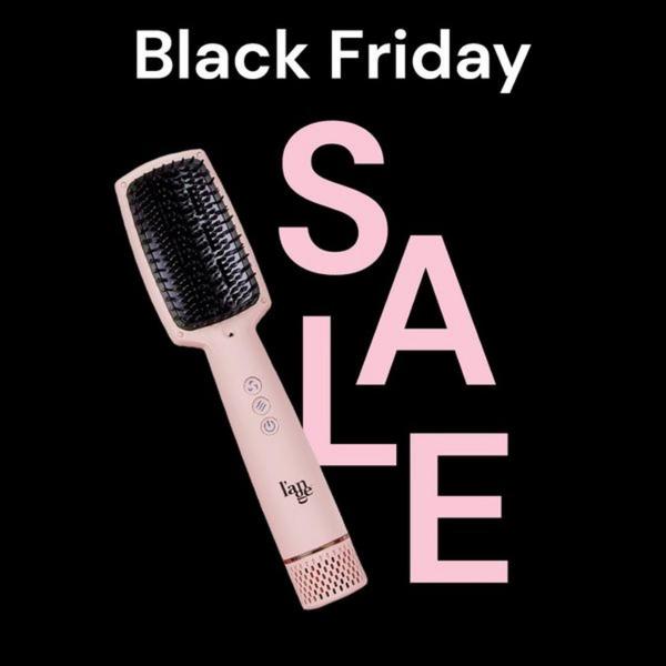A high-contrast 1:1 graphic featuring a pink heated styling brush against a black background with large bold lettering for a sale event.