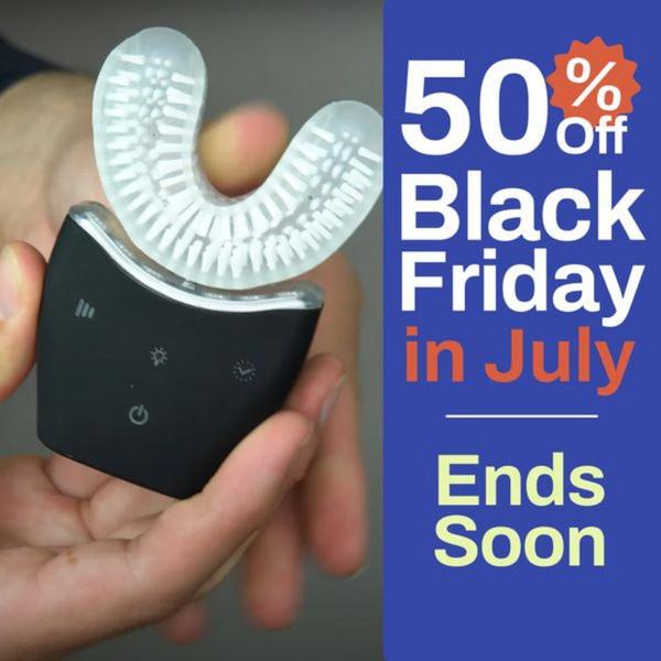 This static creative showcases a portable teeth whitening device held in hand, paired with high-contrast text to signal an urgent limited-time discount.