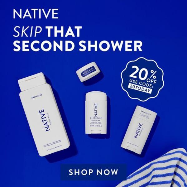 This 1:1 square static ad presents a high-contrast product shot of deodorant and body wash on a bold blue background with a prominent discount offer.