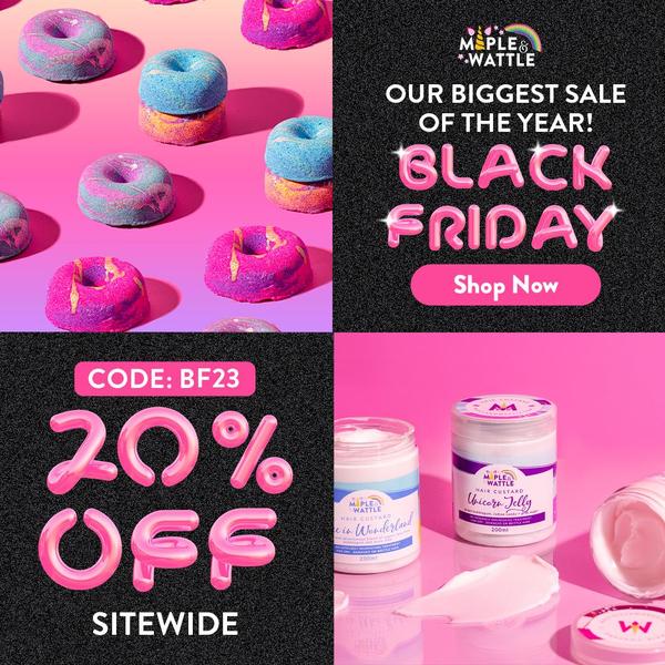 body care, skincare products, beauty products, bath products, personal care, cosmetics, body lotions, sale promotion, modern typography, playful, energetic, pink, black, black friday