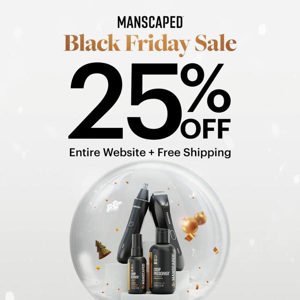 A clean, studio-lit ad featuring essential grooming tools inside a snow globe, clearly highlighting a 25% discount and free shipping offer.
