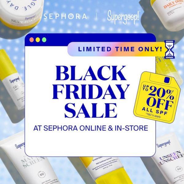 A square-formatted creative showcasing a Black Friday discount on a full collection of sunscreen products.