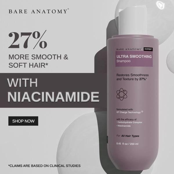 This static square ad displays a bottle of Ultra Smoothing Shampoo alongside prominent text highlighting a 27% increase in hair smoothness and softness.