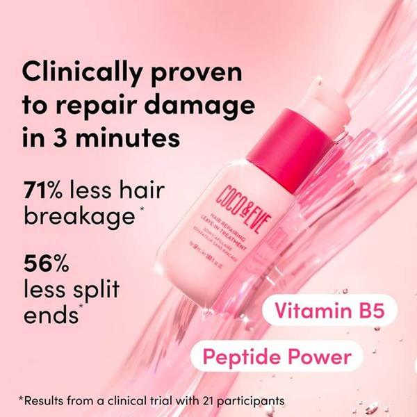 A square ad creative presenting a leave-in hair treatment, highlighting clinical trial data alongside specific product benefits and key ingredients.