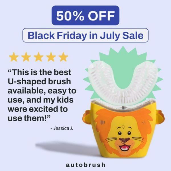 This ad features a 5-star customer review paired with a clear, high-contrast offer for a kids' U-shaped toothbrush.