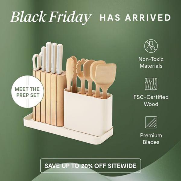 A clean, square-format ad featuring a complete kitchen prep set with highlighted product benefits like non-toxic materials and FSC-certified wood.