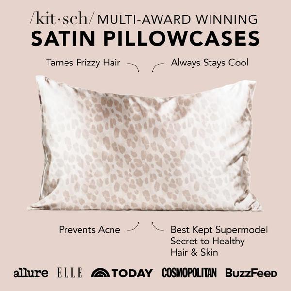 A clean, minimalist 1:1 creative highlighting the specific hair and skin benefits of a satin pillowcase using social proof icons.