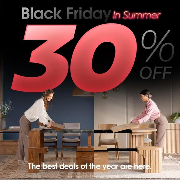 A square-format static ad showing two people demonstrating an extendable dining table to highlight functionality and sale urgency.