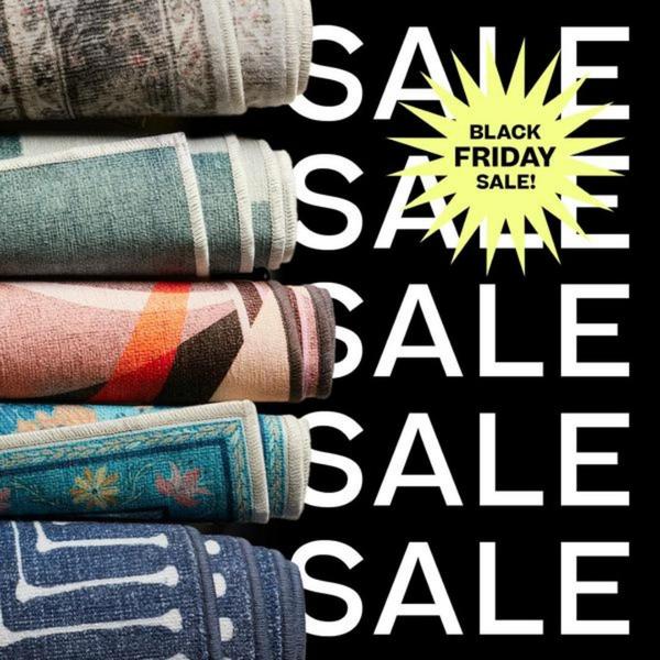 A visually striking ad showcasing a vertical stack of folded area rugs on the left, paired with a bold, repeated 'SALE' text overlay and a bright yellow sale star on the right.