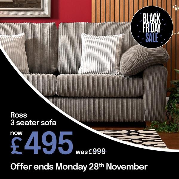 A high-contrast, sale-focused ad showcasing a 3 seater sofa with clear pricing, a strike-through discount, and a deadline-driven urgency marker.