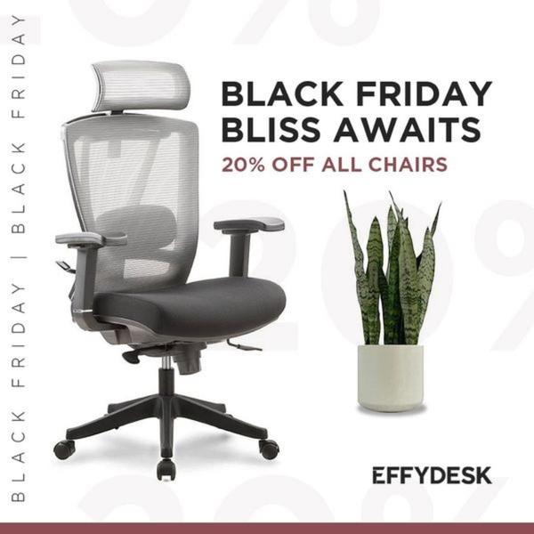 A clean, high-contrast 1:1 graphic featuring a premium office chair and a potted plant, clearly communicating a 20% Black Friday discount.