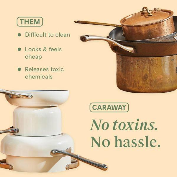 A split-screen comparison ad that contrasts common, difficult-to-clean cookware with a brand's own non-toxic and low-hassle kitchen set.