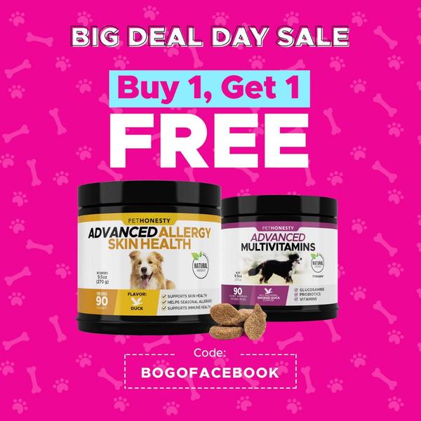 A square-formatted promotional ad for dog supplements featuring a bold 'Buy 1, Get 1 FREE' offer and a clear discount code for a Big Deal Day event.