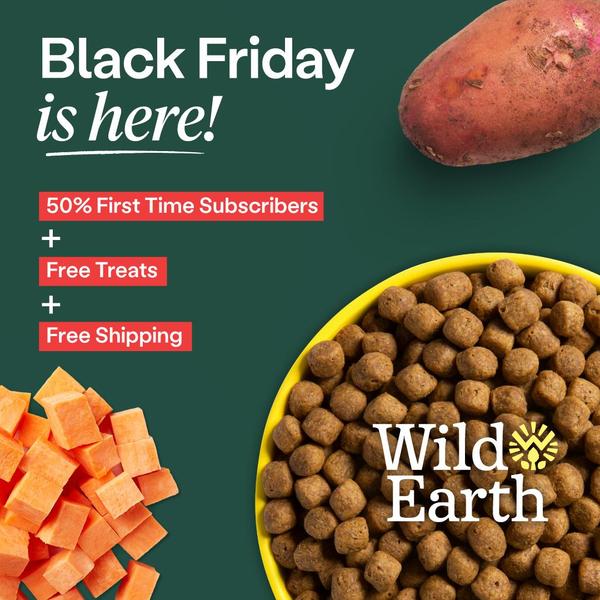 A high-contrast, offer-focused ad showcasing pet food kibble with a clear value proposition for new subscribers.