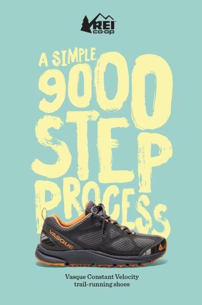 A clean, minimalist 9:16 ad creative featuring a trail-running shoe set against a soft teal background with oversized, hand-drawn style text.