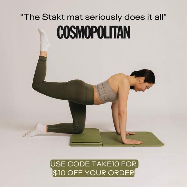 A minimalist square format creative featuring a model using a folded yoga mat, anchored by a high-authority press quote and a direct promotional offer.