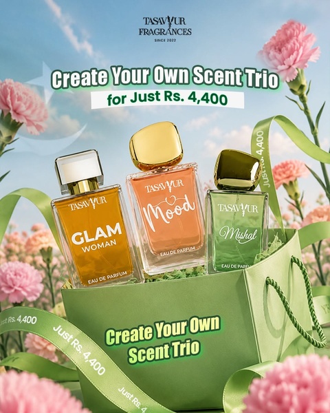 A high-conversion promotional image featuring three fragrance bottles in a floral, outdoor setting with a clear value proposition for a bundle deal.