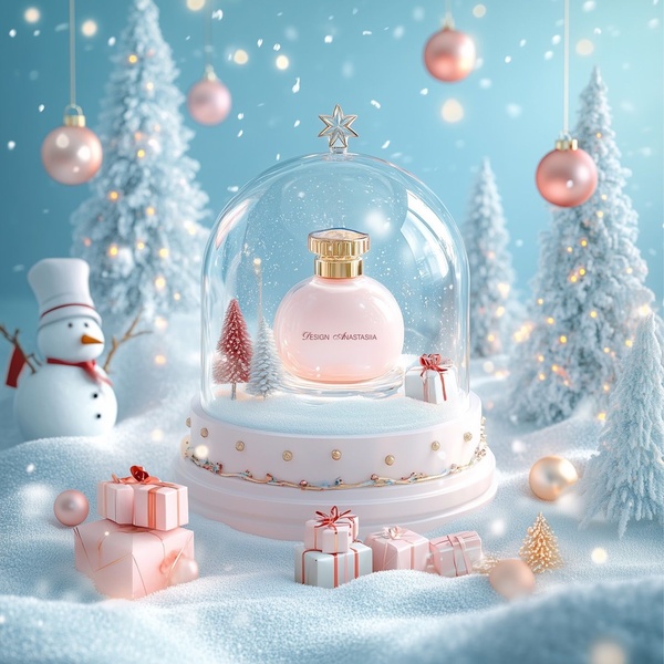 A high-end perfume bottle showcased inside a glass holiday snow globe, surrounded by snowy trees, gifts, and soft winter lighting.