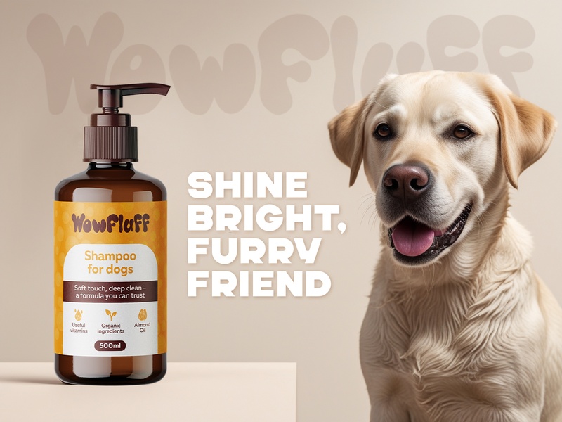 A clean, high-contrast ad featuring a bottle of dog shampoo positioned next to a happy, healthy dog on a neutral backdrop.