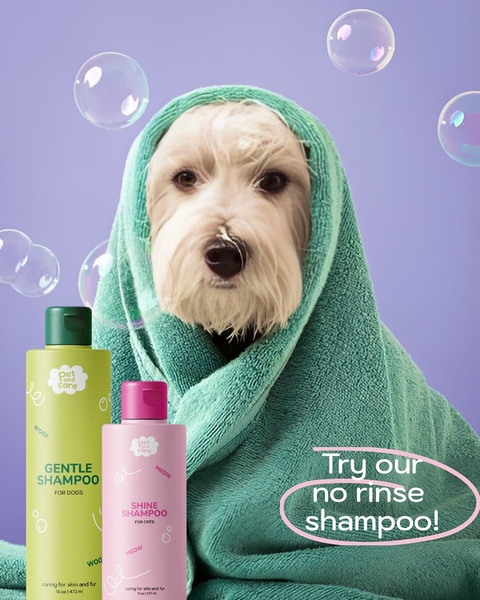 A clean, studio-lit ad featuring a dog wrapped in a towel, showcasing two pet shampoo bottles with a clear, value-driven text hook.