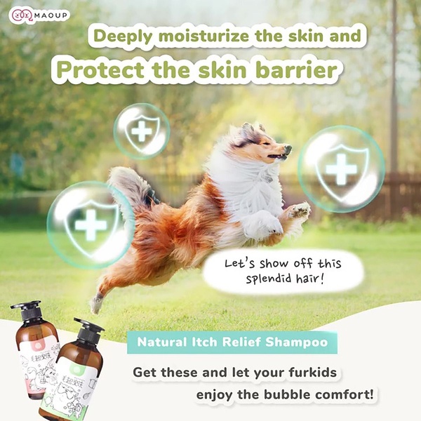 A square ad creative for pet shampoo using a combination of benefit-focused copy, product imagery, and visual icons to denote skin protection.