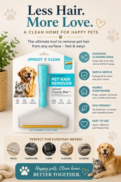 A clean, benefit-focused static ad displaying a pet hair removal tool alongside primary selling points and lifestyle imagery.