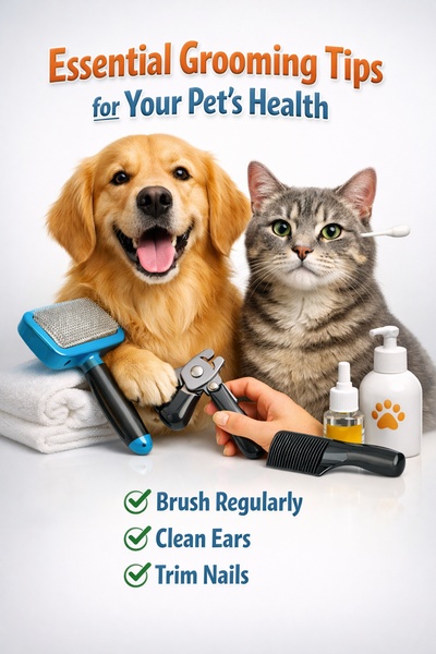 This static creative features a golden retriever and a grey tabby cat surrounded by various grooming tools, accompanied by three clear, checklist-style health benefits.