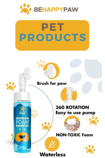 A clear, instructional ad creative that uses callouts and benefit icons to explain the utility of a waterless paw cleaning foam.