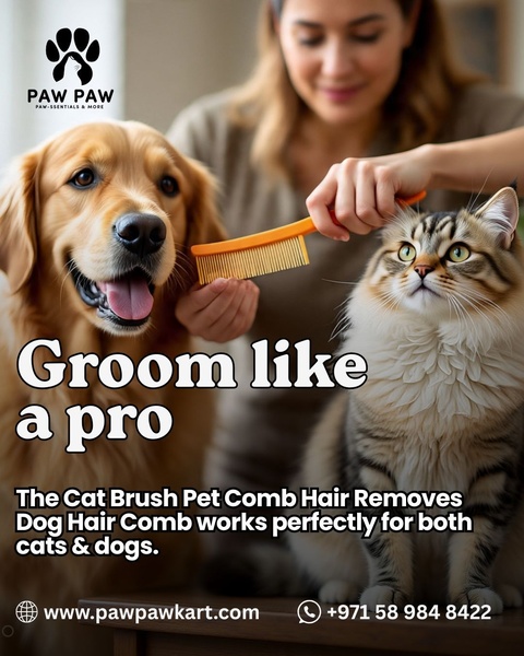 A 4:5 vertical ad featuring a pet owner grooming both a dog and a cat, highlighting the universal utility of a single pet hair comb.