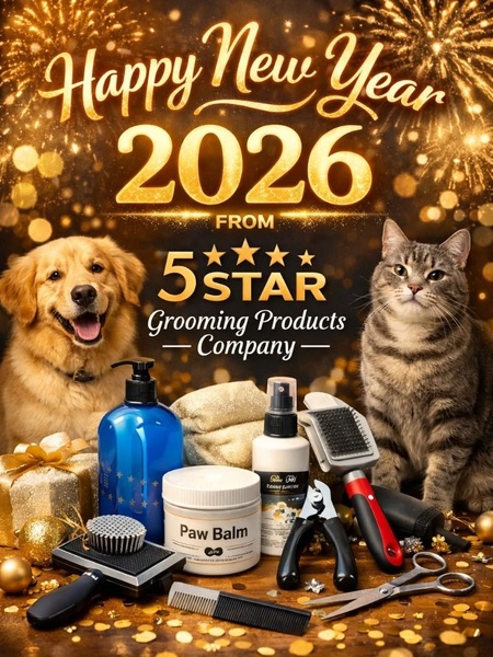 A festive, high-quality promotional image featuring a golden retriever and a tabby cat surrounded by grooming products and golden holiday decorations.
