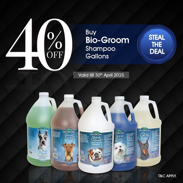 A clean, discount-focused square ad highlighting a 40% off promotion for bulk shampoo gallons, using a high-contrast black and blue color palette.