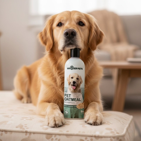 A high-quality studio shot of a Golden Retriever resting its chin on a bottle of pet oatmeal shampoo, set in a cozy domestic living space.