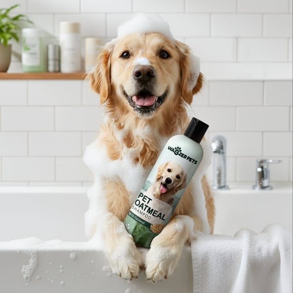 A high-resolution, bright studio shot of a Golden Retriever in a soapy bathtub, holding a bottle of Pet Oatmeal Shampoo in its paws.
