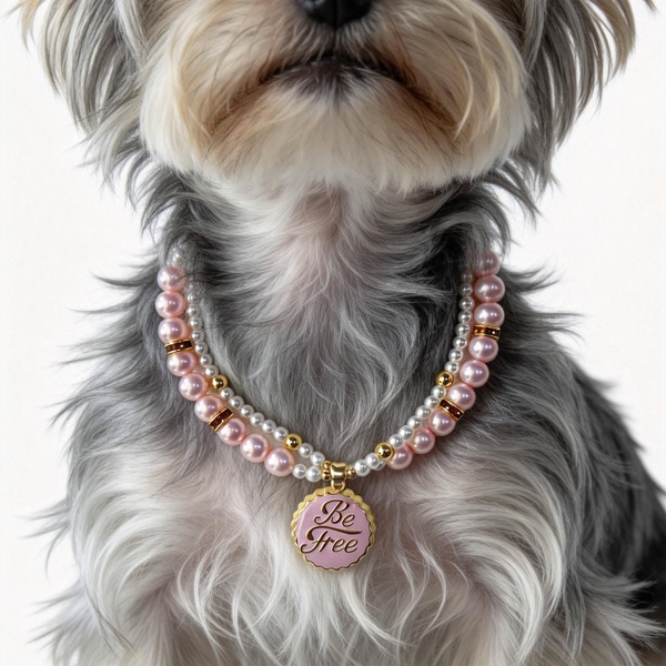 A close-up, high-fashion style shot of a dog wearing a pink and white pearl collar with a custom engraved tag.