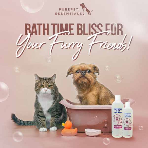 A high-conversion 1:1 image featuring a dog and cat posing alongside branded pet shampoo bottles, conveying comfort and hygiene.