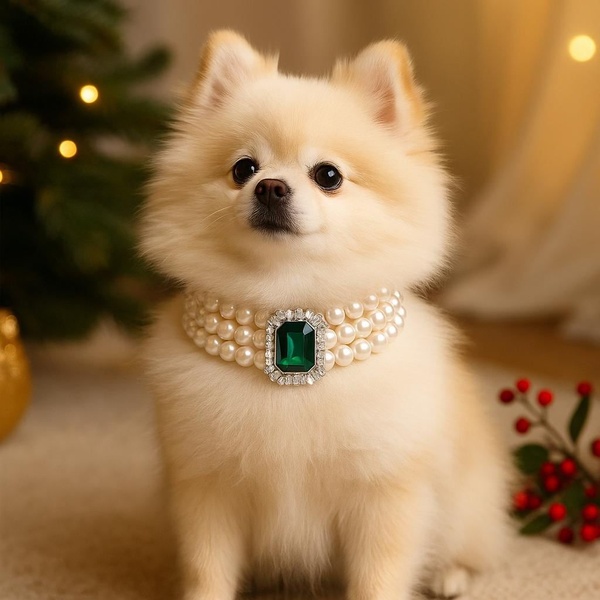 A high-quality, festive portrait of a Pomeranian wearing a luxury pearl collar with a large emerald gem, set against a warm, soft-focus holiday backdrop.