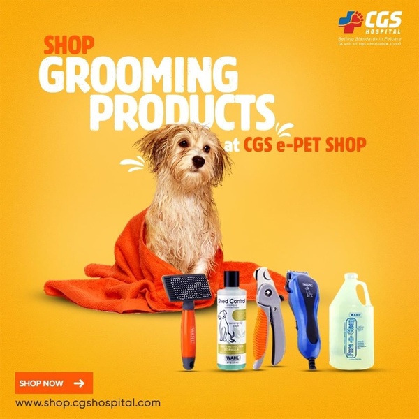 A clean, high-contrast product hero shot featuring a dog in a towel surrounded by professional grooming tools on a vibrant yellow background.