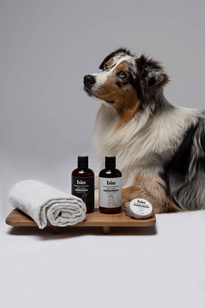A clean, studio-lit photograph featuring dog grooming products—shampoo, conditioner, and balm—arranged on a wooden board next to a dog, emphasizing a premium and gentle aesthetic.