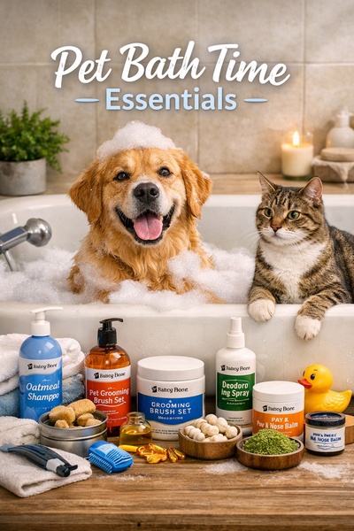 A high-quality, bright studio photography layout featuring a golden retriever and a tabby cat in a bathtub surrounded by pet grooming products.