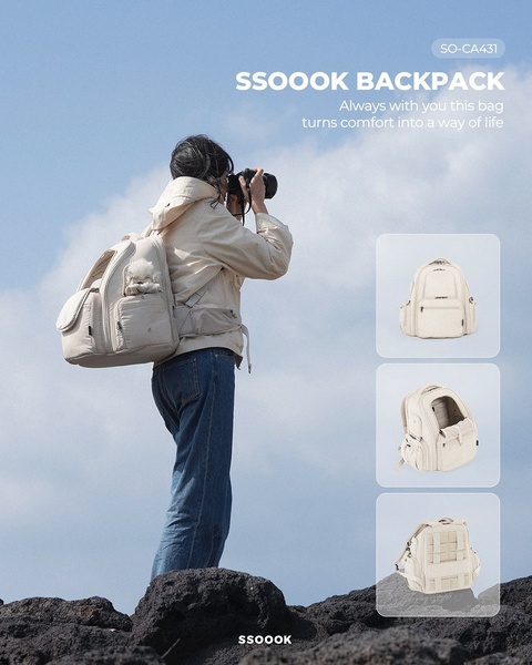 A 4:5 aspect ratio ad showing a traveler carrying a small dog in a backpack, paired with three distinct product detail views.